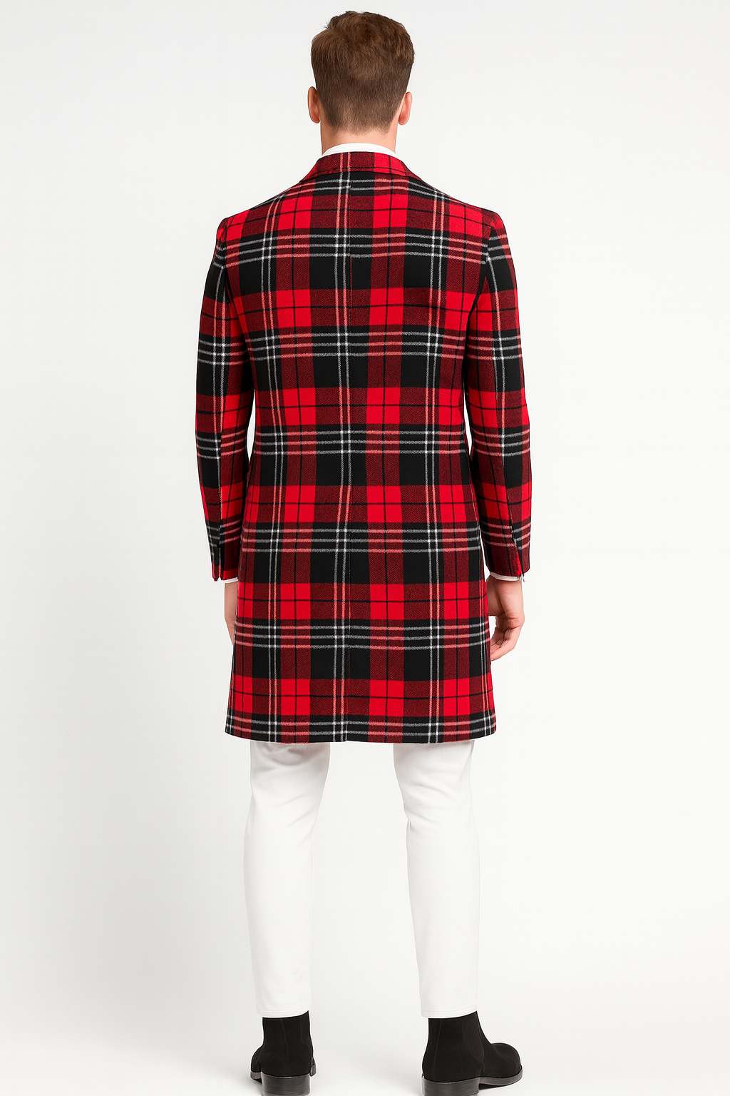 Mens Red Plaid Wool Overcoat  Classic Tartan Check Long Coat for Stylish Winter Wear