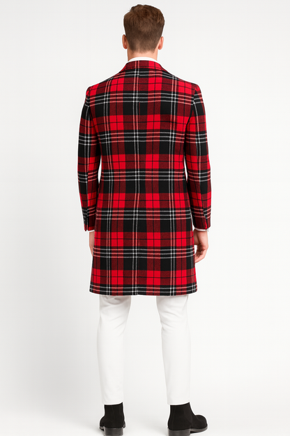 Mens Red Plaid Wool Overcoat  Classic Tartan Check Long Coat for Stylish Winter Wear