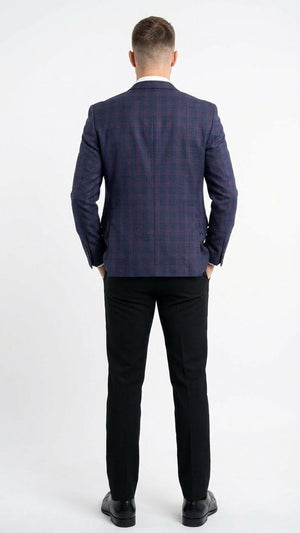Mens Big and Tall Navy Blue with Burgundy Plaid Jacket and Sport Coat  Wool Blazer