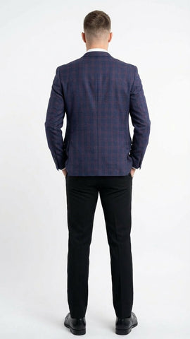 Men’s Big and Tall Navy Blue with Burgundy Plaid Jacket and Sport Coat – Wool Blazer