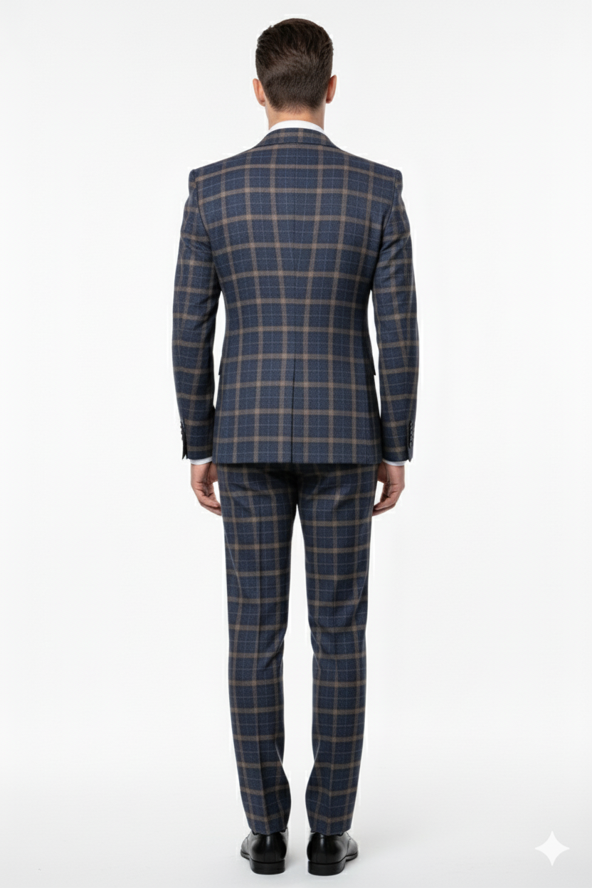 Mens Navy and Tan Windowpane Double-Breasted Suit | Classic 2-Piece Plaid Dress Suit, Business, and Formal Events By Rossiman