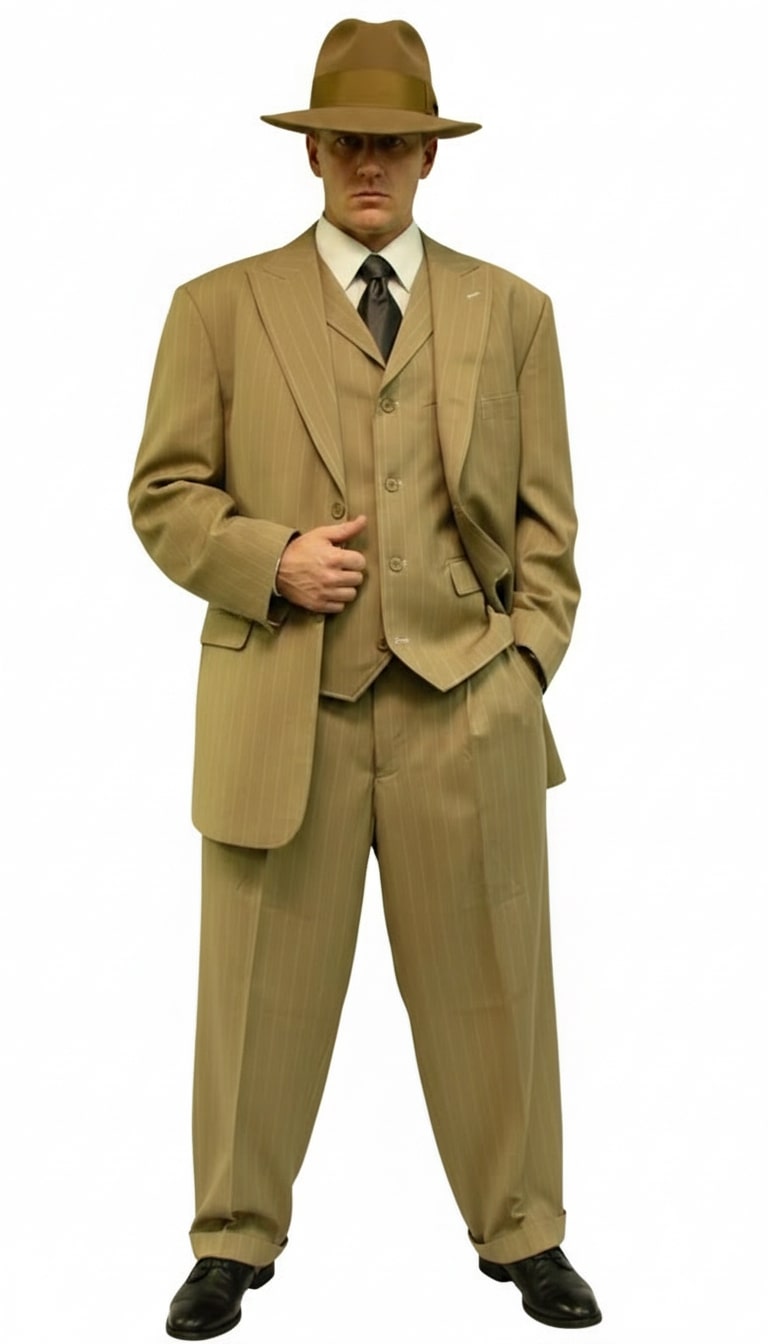 Mens Tan Pinstripe Zoot Suit  1920s Gangster Vintage 3-Piece Suit with Wide-Leg Pants