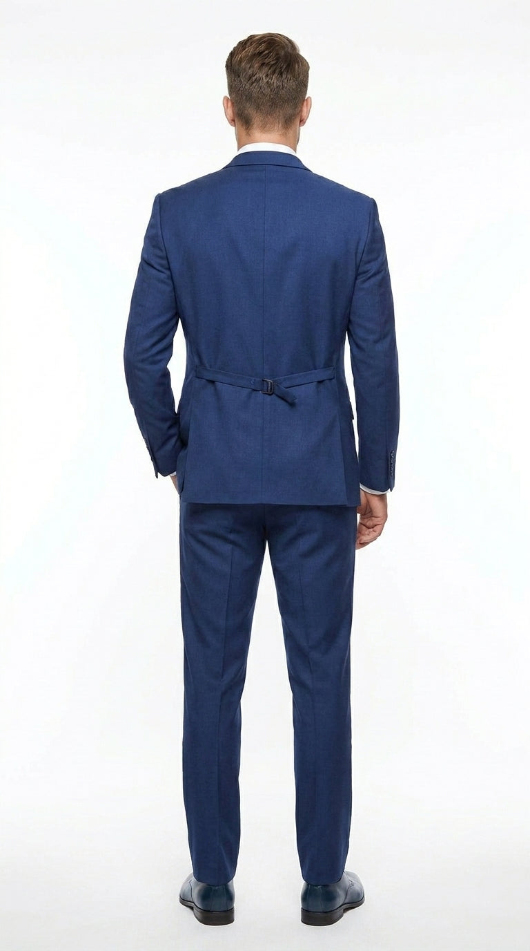 Men’s Blue 3 Piece Vested Tuxedo with 2 Button Jacket, Satin Trim and Matching Pants
