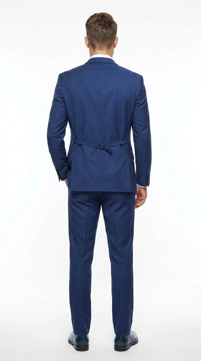 Men’s Blue 3 Piece Vested Tuxedo with 2 Button Jacket, Satin Trim and Matching Pants