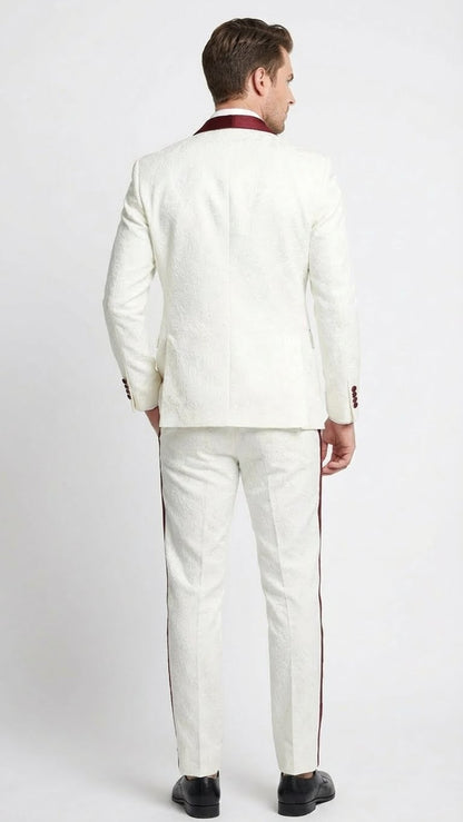 Mens Ivory and Burgundy Jacquard Tuxedo Suit  Luxury Slim Fit 3-Piece Formal Wedding, Prom, and Gala Outfit in Cream Off White Color