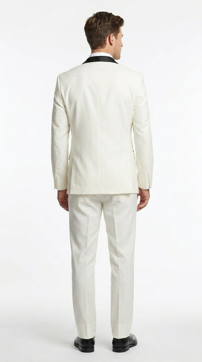 Men’s Ivory and Black Shawl Tuxedo Suit with Jacket and Pants, Formal Wedding Dinner Suit
