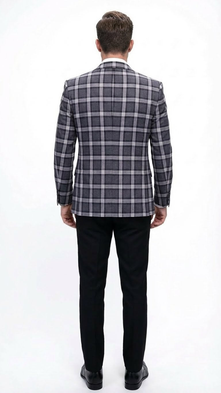Mens Big and Tall Charcoal Gray and Black Plaid Blazer  Grey Checker Windowpane Sport Coat