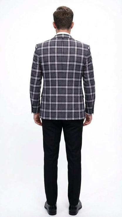 Mens Big and Tall Charcoal Gray and Black Plaid Blazer  Grey Checker Windowpane Sport Coat