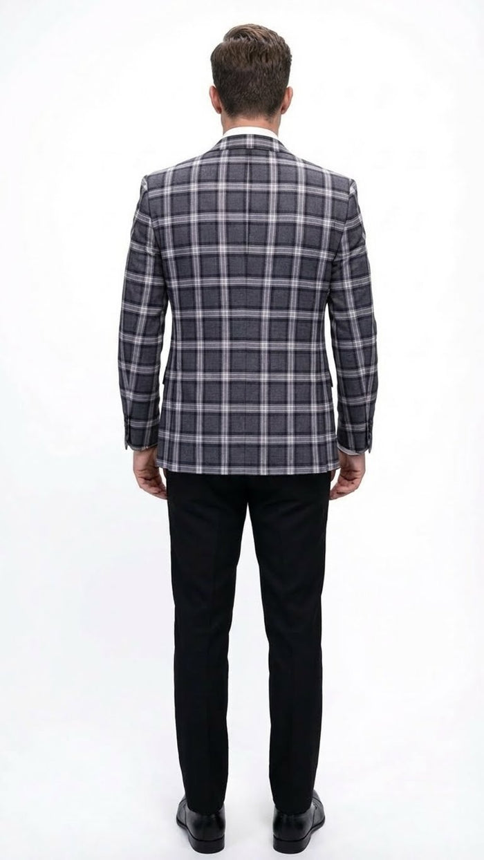 Mens Big and Tall Charcoal Gray and Black Plaid Blazer  Grey Checker Windowpane Sport Coat