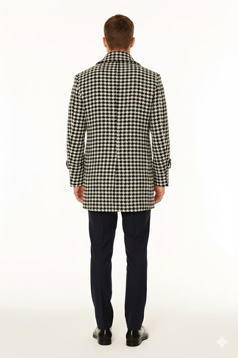 Mens Houndstooth Double-Breasted Overcoats  Classic Black and White Wool Blend Peacoat Wool Fabric