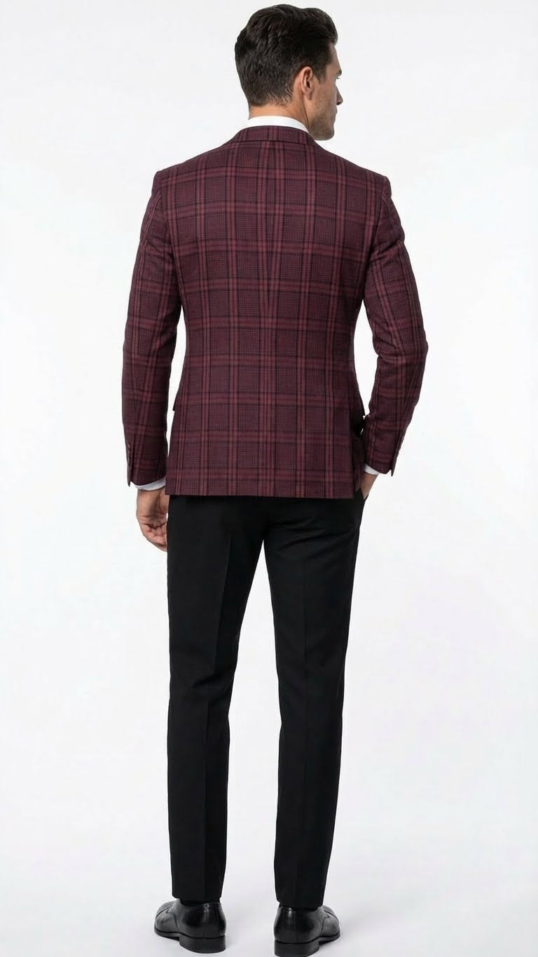 Men’s Burgundy Check Blazer – Windowpane Plaid blazer in Maroon Wine Color