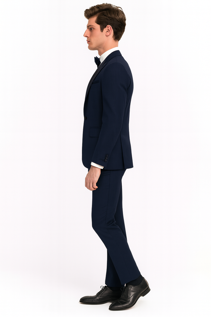 Mens Navy Blue Tuxedo with Satin Peak Lapel With Matching Color Lapel Sateen  Formal 2 Piece Suits