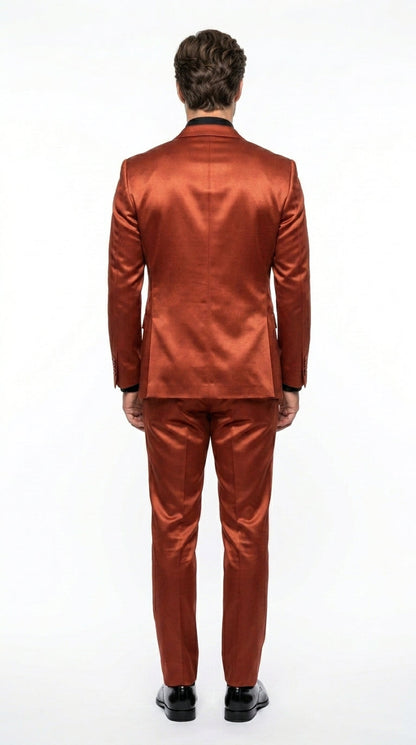Men’s Rust Copper Coganc Shiny Sateen 3 Piece Suit, Vested Formal Wedding Prom Suit Set Ultra Slim Fit