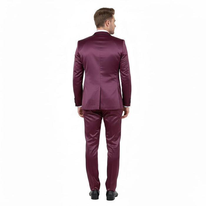 Mens Sateen Shiny Burgundy Slim Fit Tuxedo  Satin Shawl Lapel 3-Piece Suit