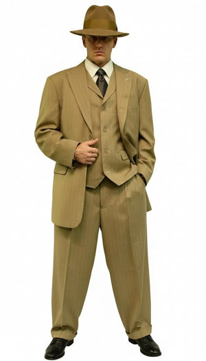 Mens Tan Pinstripe Three Button Suit  1920s Gangster Vintage 3-Piece Suit with Wide-Leg Pants and Fedora Style in Beige Color