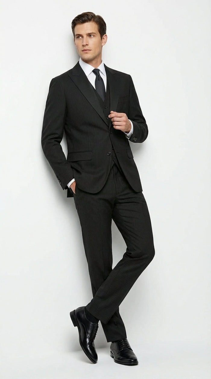 Vitali Mens Black Tone on Tone Shadow Stripe Vested Suit Set – 3 Piece Modern Fit Pinstripe Two Buttons