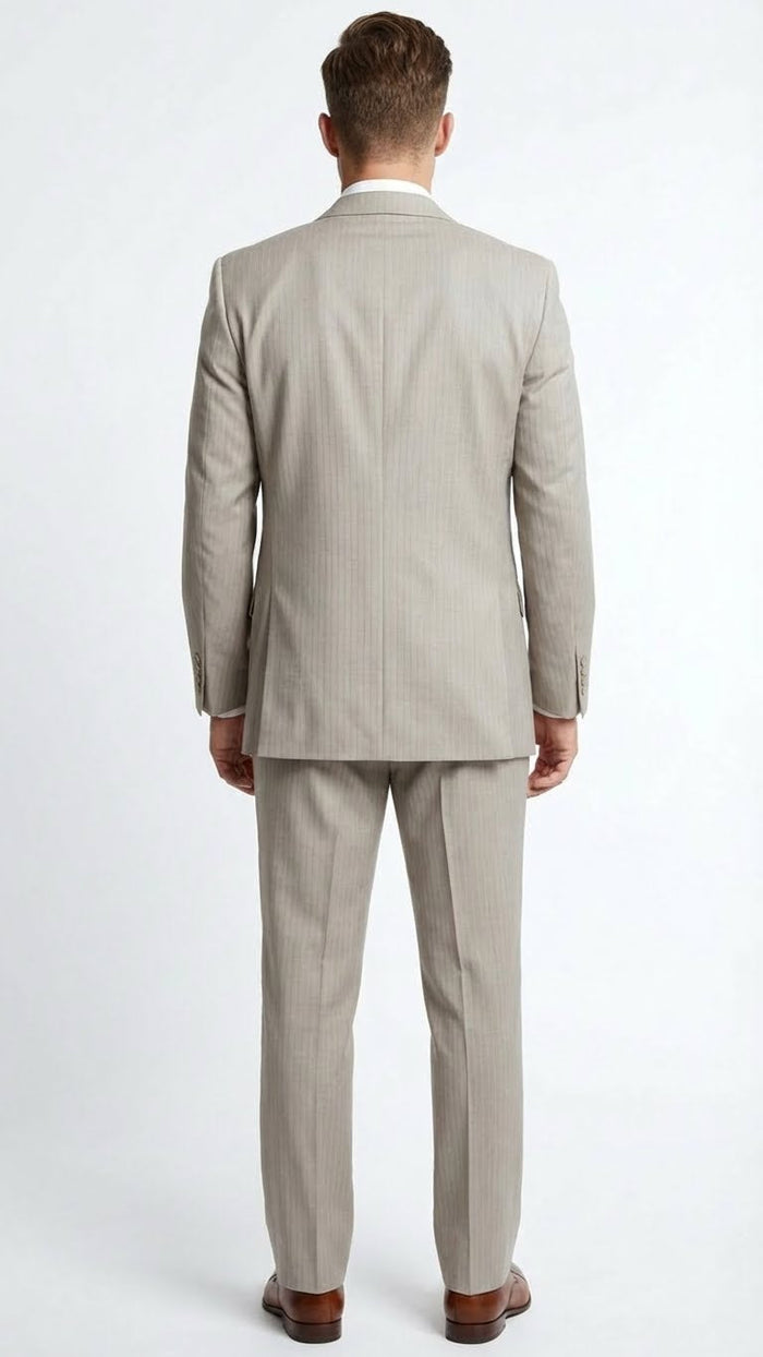 Mens Light Tan Pinstripe 3 Piece Suit with Jacket, Vest, and Pants | Shadow Stripe Tone Tone Pleated Pants Classic