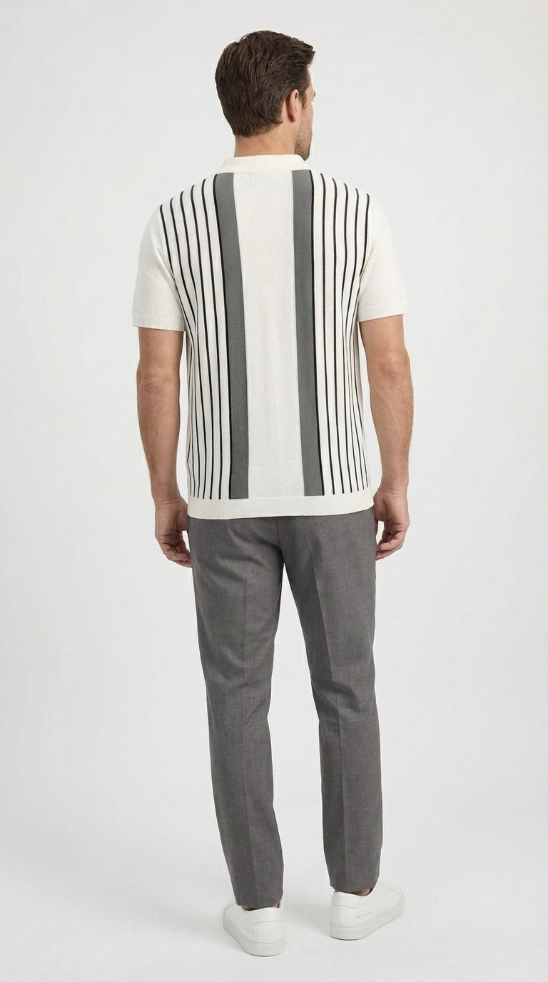 Mens White and Charcoal Gray Stripe Walking Suit Set – Short Sleeve Button Shirt and Pants Casual Summer Outfit for Travel, Vacation and Everyday Wear