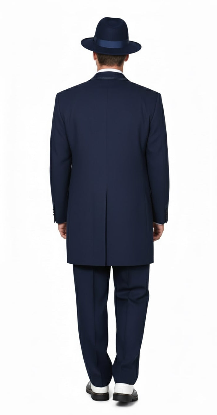 Mens 1920s Navy Blue Zoot Suit  Vintage Gangster 3-Piece Long Jacket Suit Classic Fit Pleated Pants