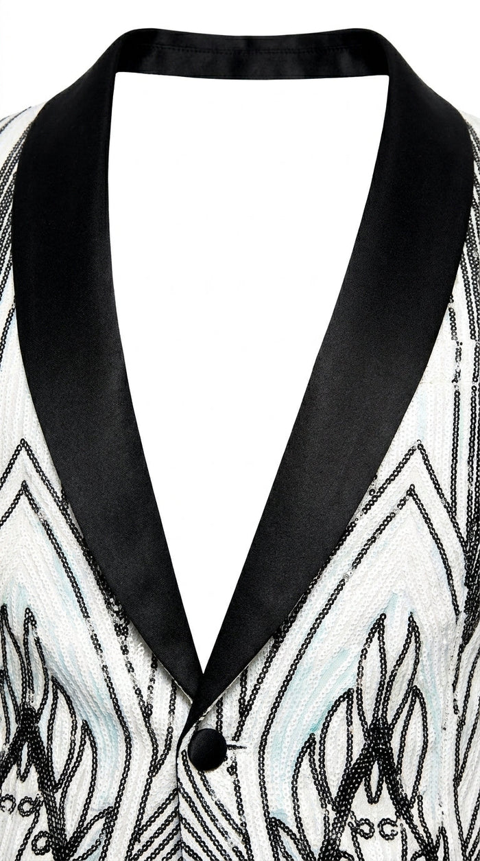 Men’s White and Black Patterned Tuxedo Blazer – Luxury Designer Dinner Jacket for Wedding, Prom and Formal Events New Year Christmas Holiday