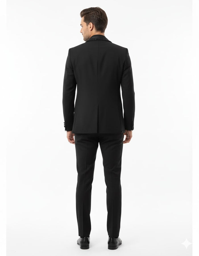 Mens Classic Black Designer Tuxedo Suit with Beaded Lapel  Elegant Formal and Party Wear Jacket and Pants