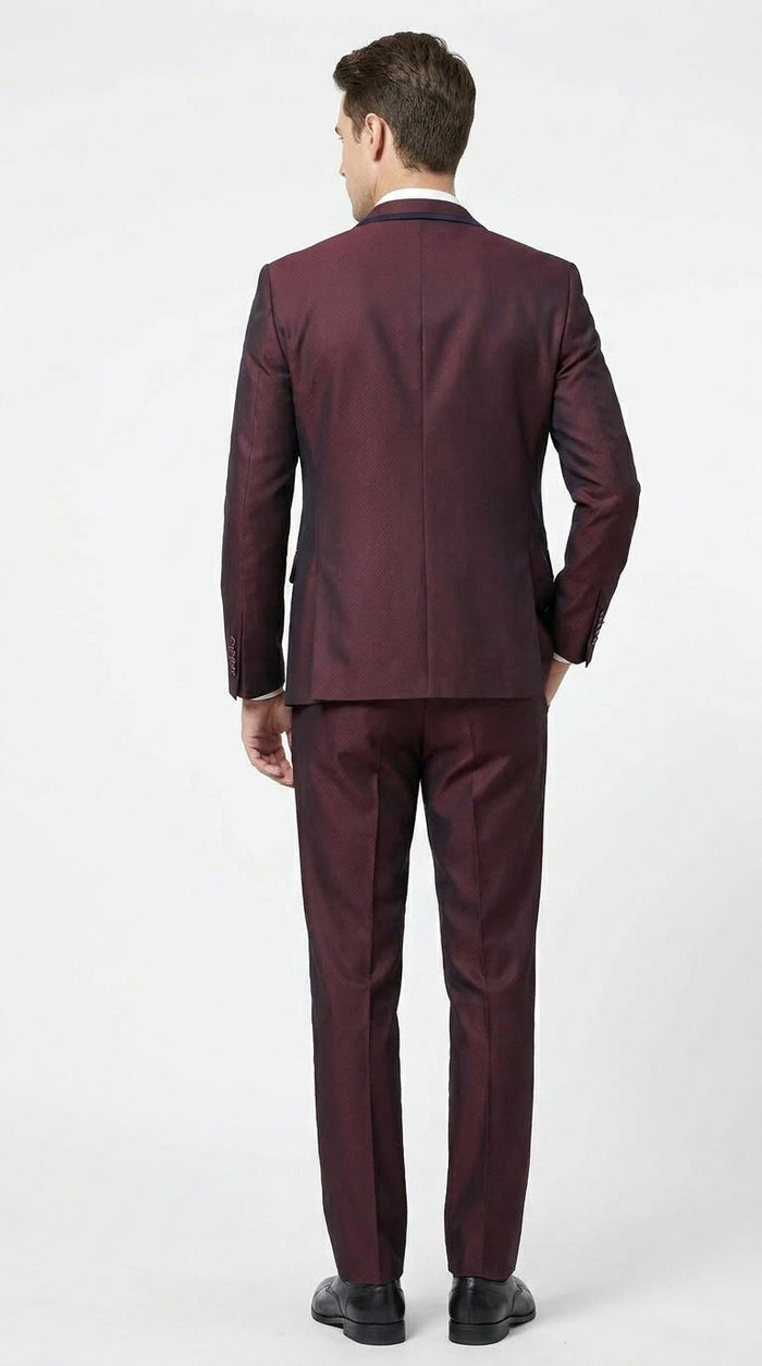 Men’s Burgundy Sharkskin Tuxedo with Satin Trim, Vested Formal Wedding and Prom Suit