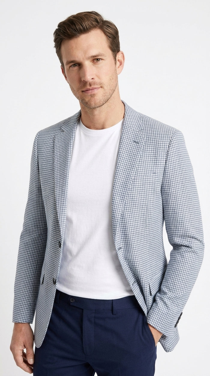 Men’s Light Blue Checkered Sport Coat – Two-Button Wedding, Business and Smart Casual Blazer