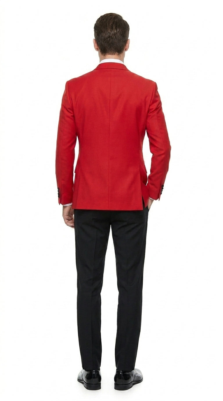 Men’s Red Double Breasted Wool Tuxedo with Black Lapel, Formal Wedding Prom Dinner Jacket