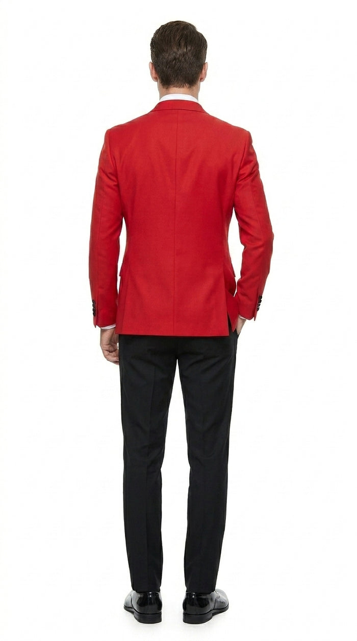 Men’s Red Double Breasted Wool Tuxedo with Black Lapel, Formal Wedding Prom Dinner Jacket