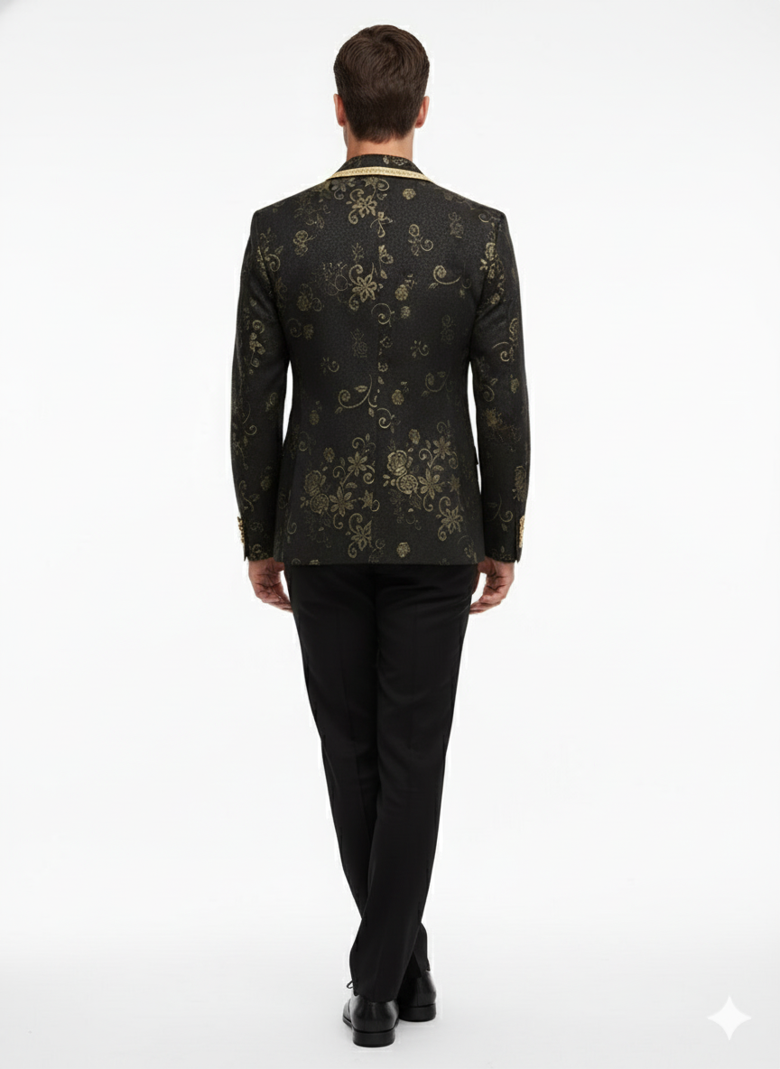 Men’s Black and Gold Embroidered Luxury Blazer – Designer Floral Pattern Wedding & Party Jacket (Sim534)