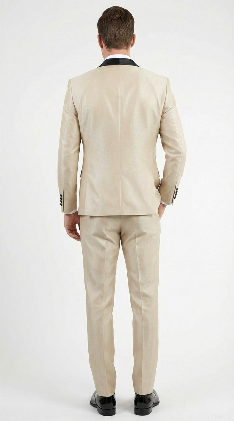 Men’s Champagne Beige Shiny Tuxedo 3 Piece Suit with Black Shawl Lapel | Formal Wedding Prom Suit Set in Sand Light Tan Color