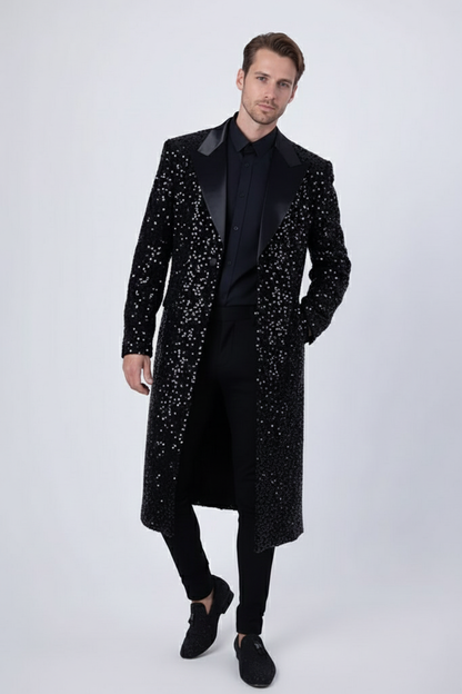 Mens Black Sequin Long Coat with Satin Shawl Lapel  Luxury Statement Evening Overcoat
