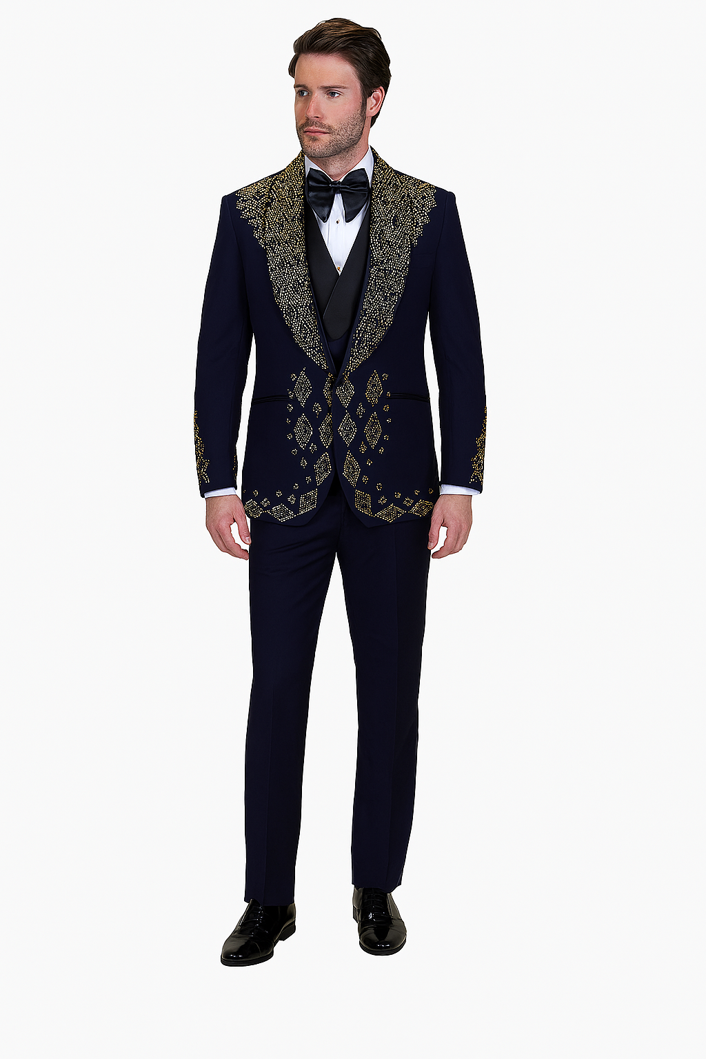 Mens Navy Tuxedo with Gold Embroidery  Slim Fit Formal Dinner Jacket with Shawl Lapel