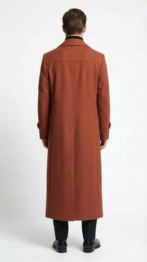 Mens Full-Length Cognac Overcoat  Premium Wool-Blend Long Dress Coat for Winter and Formal Wear in Rust Brick Color