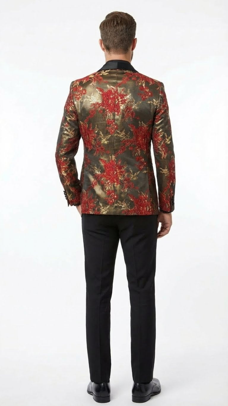 Mens Red and Gold Floral Pattern Paisley  Shawl Lapel | Luxury Evening and Party Wear Jacket Prom Christmas New Year Blazer
