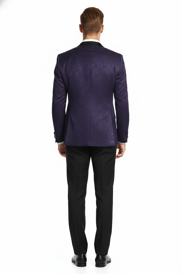Mens Purple Paisley Tuxedo Jacket  Ultra Slim Fit Dinner Blazer with Black Satin Peak Lapel
