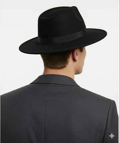 Mens Black Wide Brim Fedora Hat  Classic Wool Felt Dress Hat with Matching Black Band