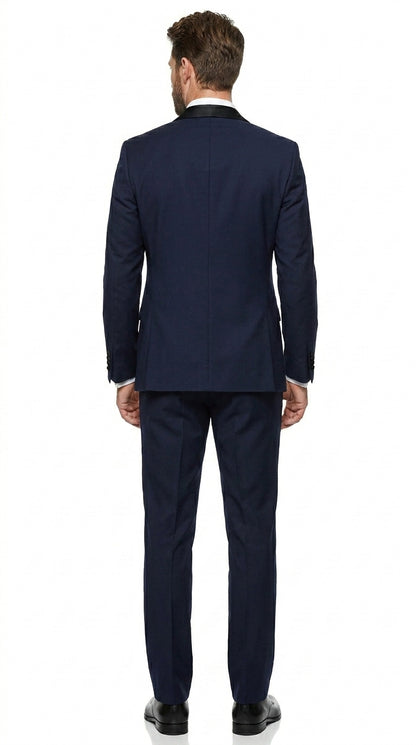 Men’s Navy Blue Vested Wool Tuxedo with 1 Button Jacket, Black Shawl Lapel and Matching Pants