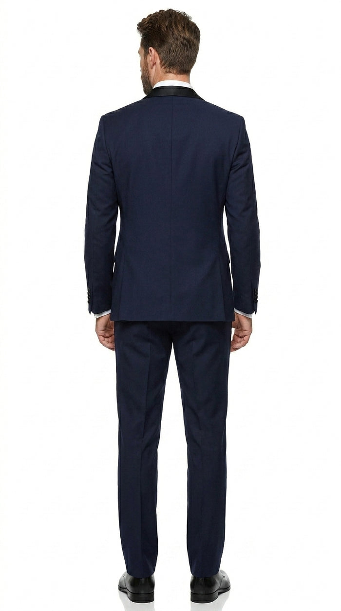 Men’s Navy Blue Vested Wool Tuxedo with 1 Button Jacket, Black Shawl Lapel and Matching Pants