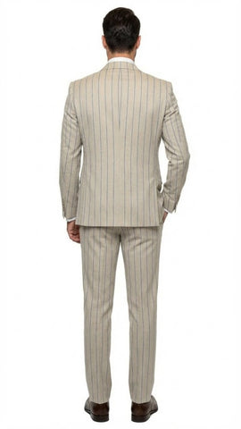 Men's Beige with blue Pinstripe Three-Piece Suit with Vest by Rossiman Vested Peak Lapel in Tan Stripe 1920s style