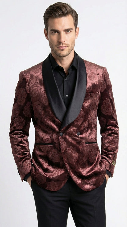 Mens Rust Copper Brick color Floral Jacquard Pasiley Blazer – Pattern Dinner Jacket with Black Shawl Lapel for Formal dinners and Wedding