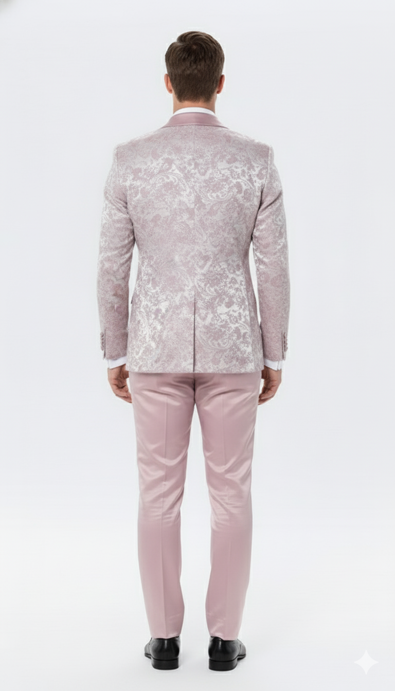 Mens Light Pink Dusty Rose -  Floral Tuxedo Suit  Luxury Satin Shawl Lapel 3-Piece Formal Wedding and Prom Suit in Blush Mauve color