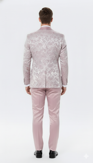 Mens Light Pink Dusty Rose -  Floral Tuxedo Suit  Luxury Satin Shawl Lapel 3-Piece Formal Wedding and Prom Suit in Blush Mauve color