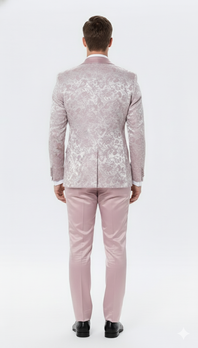 Mens Light Pink Dusty Rose -  Floral Tuxedo Suit  Luxury Satin Shawl Lapel 3-Piece Formal Wedding and Prom Suit in Blush Mauve color