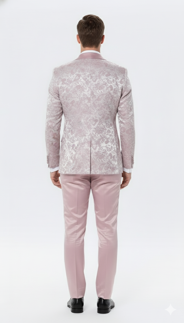 Mens Light Pink Dusty Rose -  Floral Tuxedo Suit  Luxury Satin Shawl Lapel 3-Piece Formal Wedding and Prom Suit in Blush Mauve color