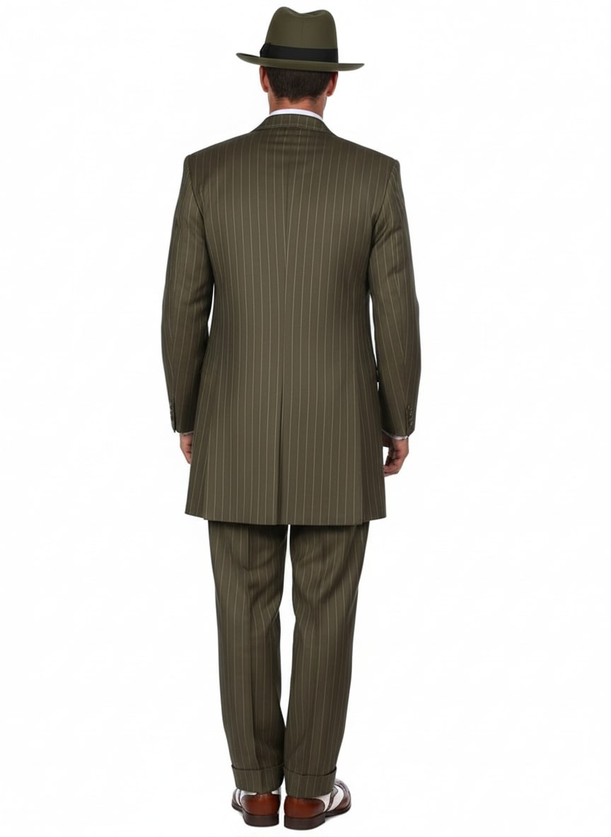 Mens Olive Green Pinstripe Zoot Suit  1920s Gangster Vintage 3-Piece Suit for Formal and Themed Events