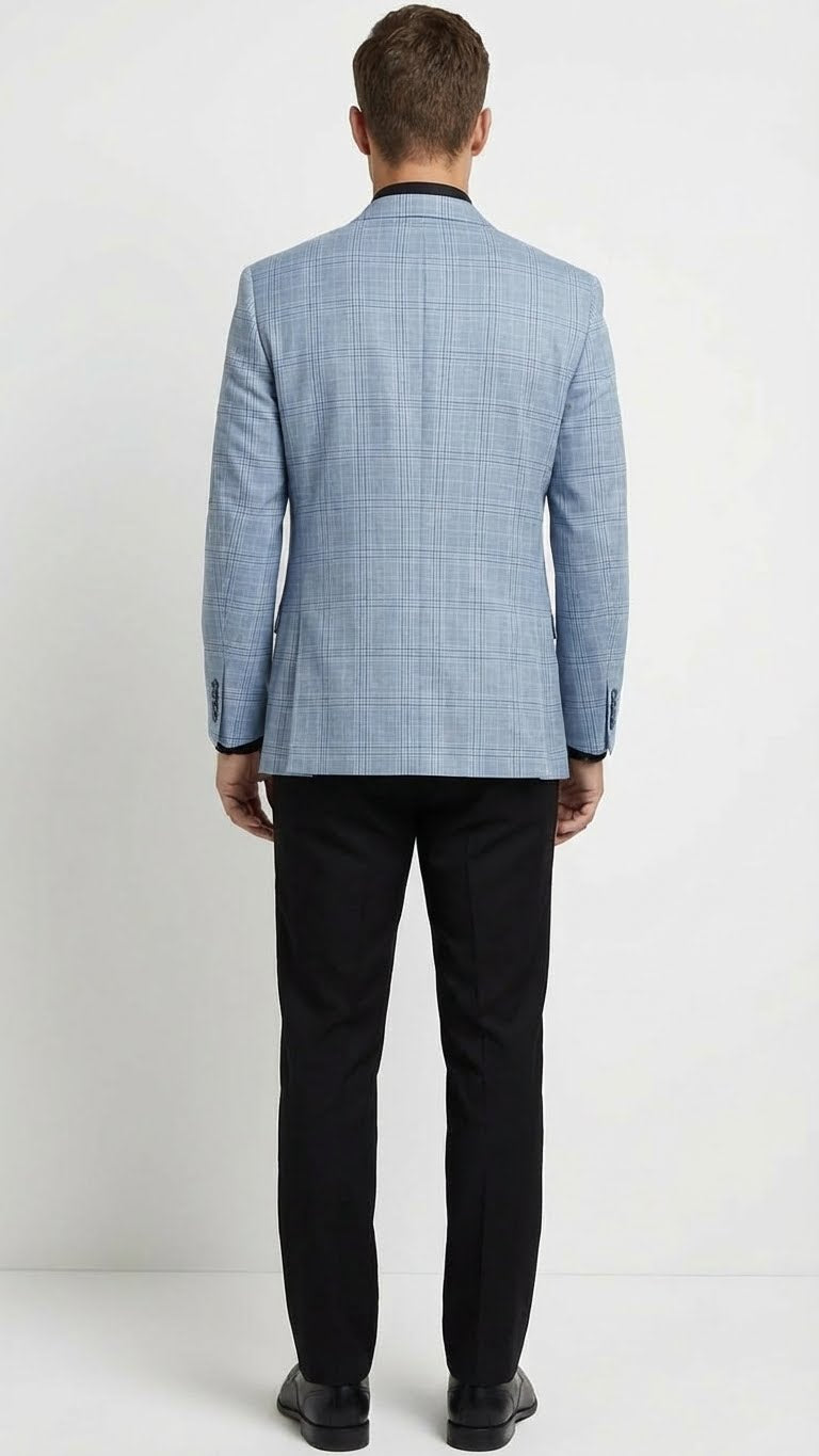 Men’s Big and Tall Light Blue Checkered Blazer and Sport Coat – Sky powder blue windowpane plaid pattern Jacket