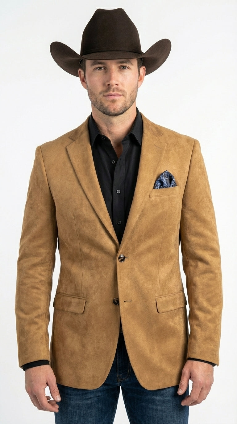Men’s Camel Suede Cowboy Blazer with Elbow Patch – Camel Western Style Suede Sport Coat for Casual