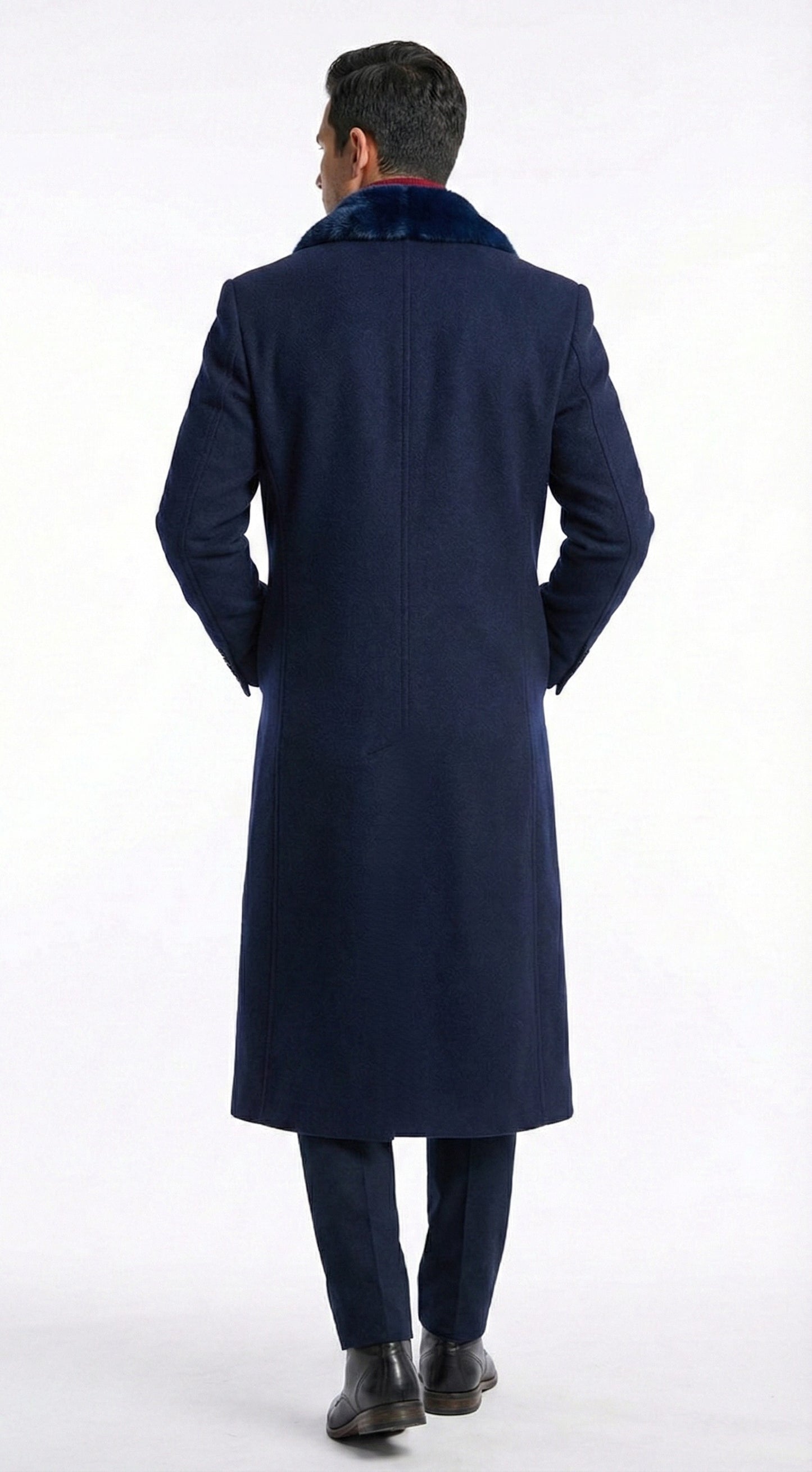 Men’s Dark Navy Blue Long Overcoat with Faux Fur Collar, Classic Winter Dress Coat for Formal