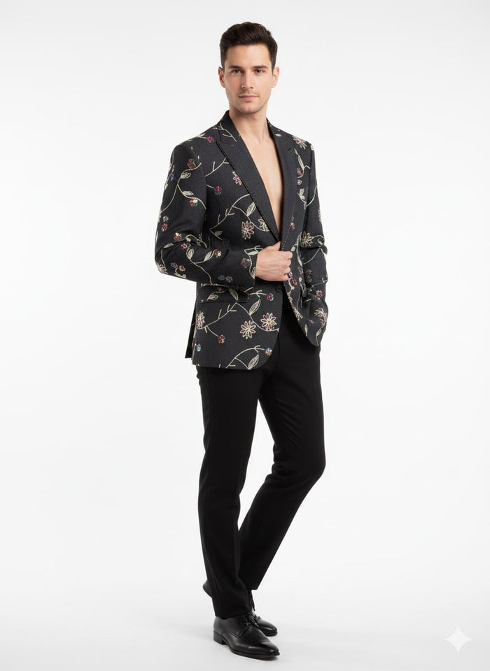 Luxury Black Floral Embroidered Blazer for Men  Designer Party and Wedding Wear Jacket